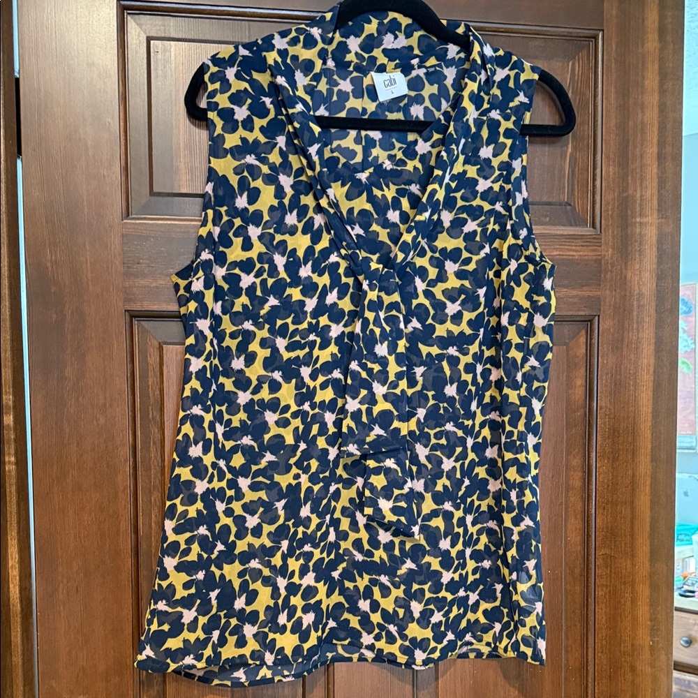 CAbi Sleeveless V-Neck Printed Camisole in Mustard, Navy & Blush